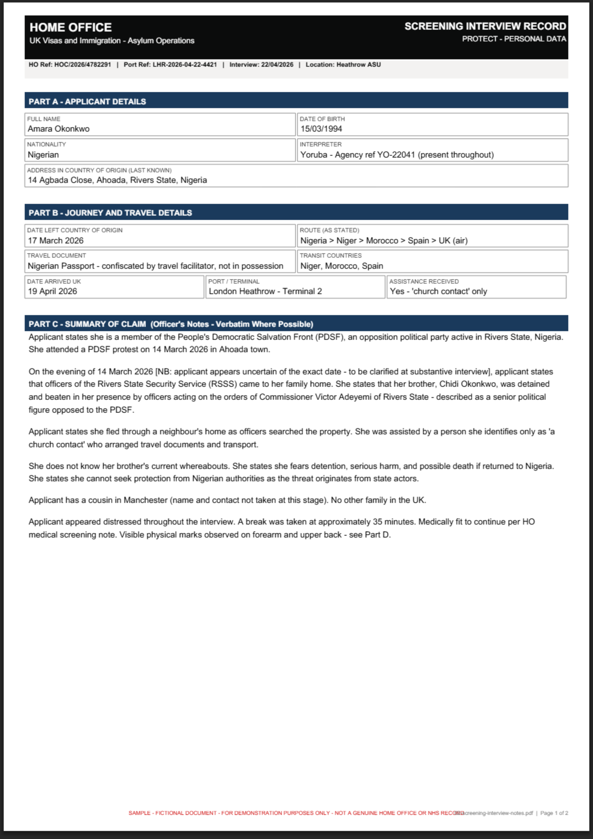 Home Office screening record before redaction — name, address and references visible